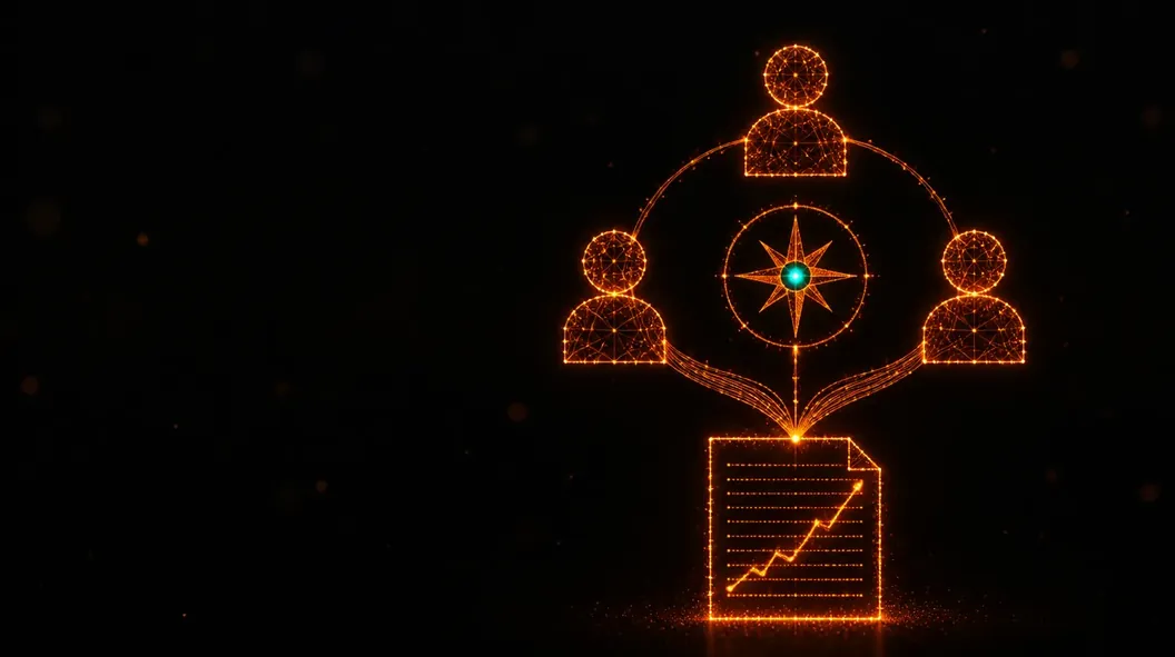 Three connected people nodes around a compass and a rising ledger line, drawn in glowing orange particles