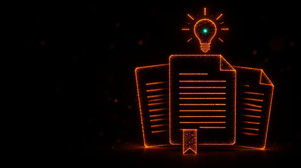 Overlapping article pages with a bookmark and a lightbulb, drawn in glowing orange particles