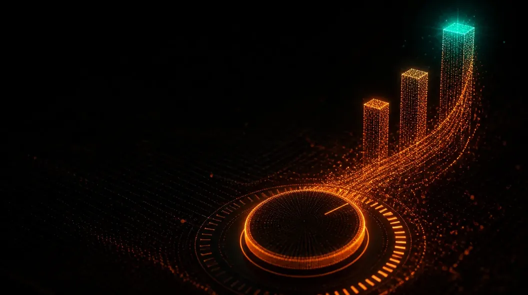A budget dial feeding a stream of light into three rising bar-chart columns, drawn in glowing orange particles