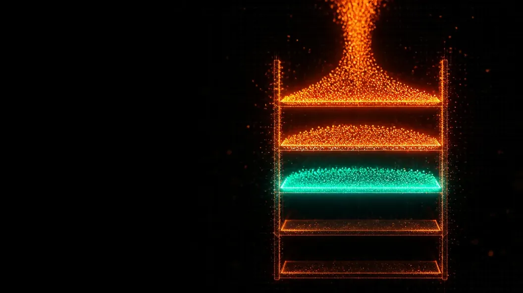 A ladder of five shelves filling from the top with glowing orange particles, the lower shelves left dim