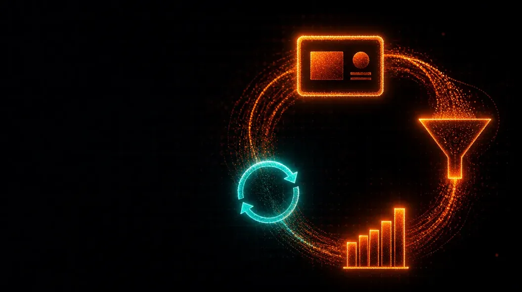 An ad frame, a funnel, a bar chart and a refresh loop linked into one cycle, drawn in glowing orange particles