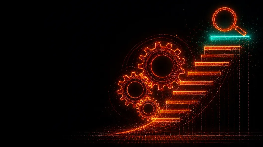 Three interlocking gears driving a staircase of ranking bars toward a magnifier, drawn in glowing orange particles