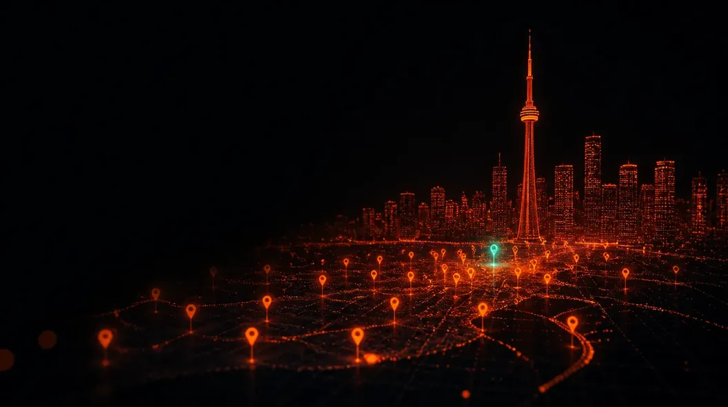 The Toronto skyline and CN Tower drawn in glowing orange particles, with map pins scattered across the region and one lit teal