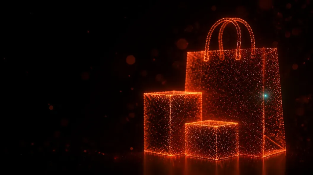 Shopping bag and product boxes drawn in glowing orange particles