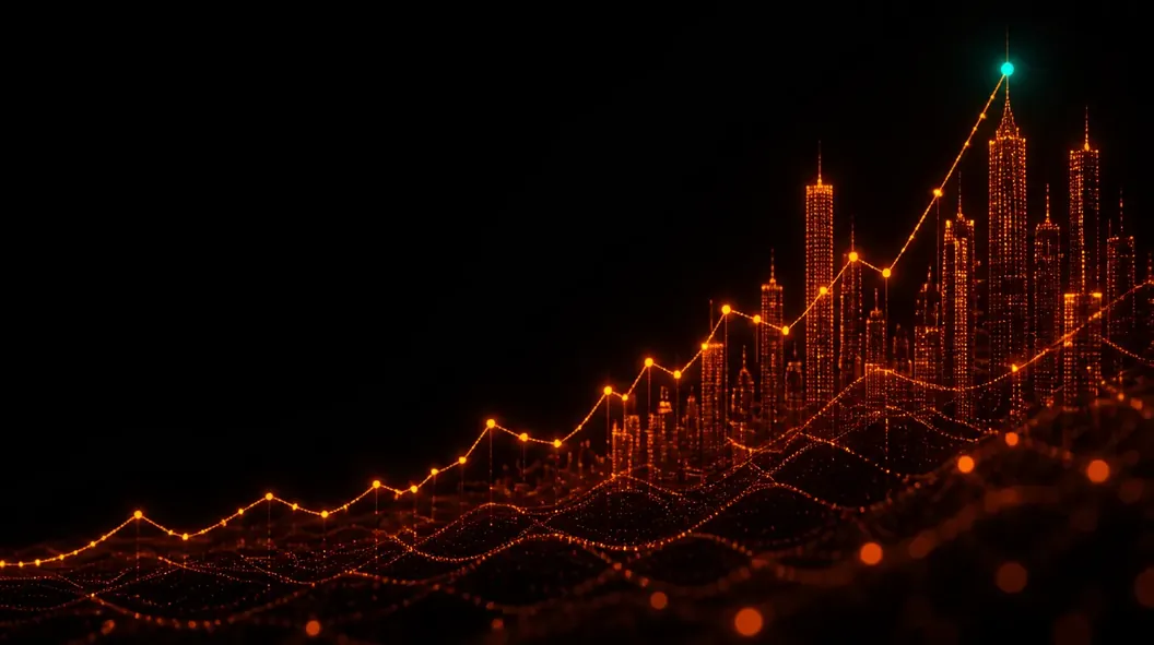 Rising line chart merging into a city skyline, drawn in glowing orange particles
