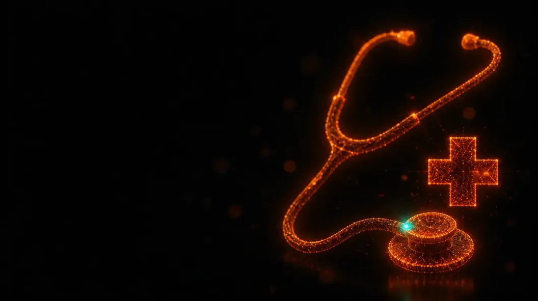 Stethoscope and medical cross drawn in glowing orange particles