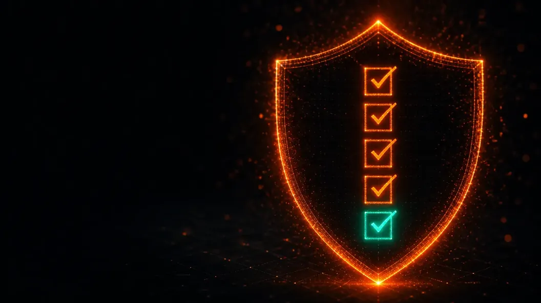 A shield outline drawn in glowing orange particles holding a column of five ticked checkboxes, the last one teal