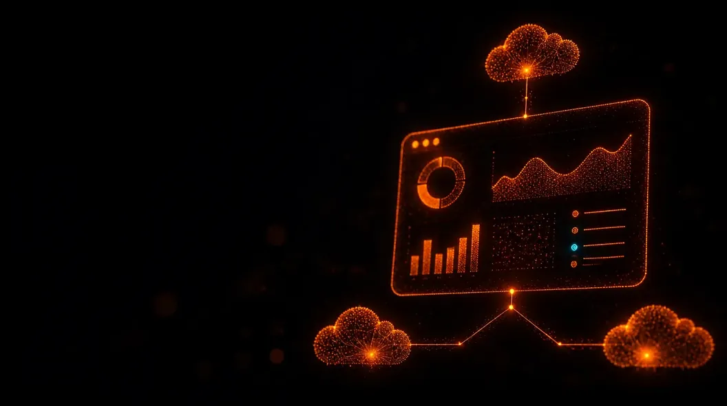 Analytics dashboard connected to cloud nodes, drawn in glowing orange particles