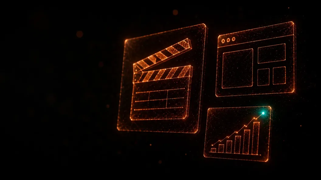 A clapperboard, a browser wireframe and a bar chart as three floating cards, drawn in glowing orange particles