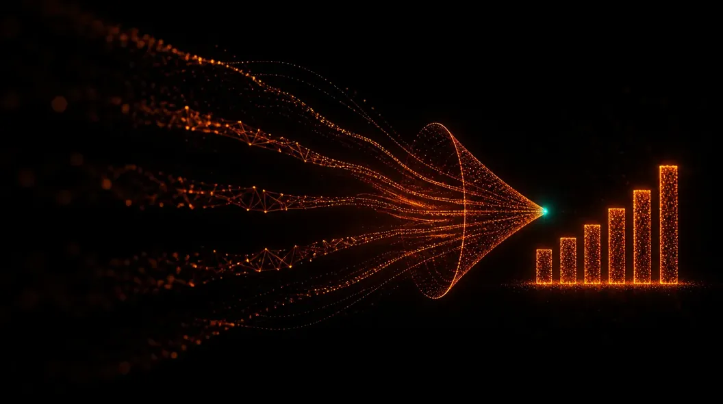 Data streams converging through a funnel into a bar chart, drawn in glowing orange particles