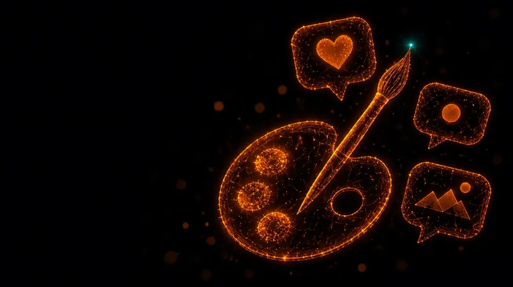 Painter's palette with a brush and floating social cards, drawn in glowing orange particles