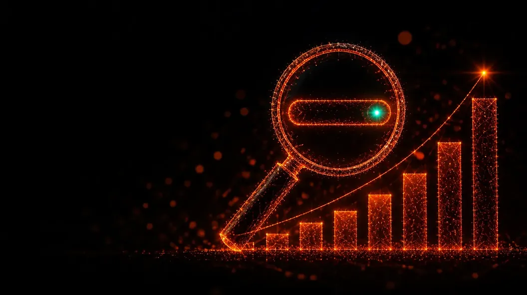 Magnifying glass over a search bar with ranking bars climbing, drawn in glowing orange particles