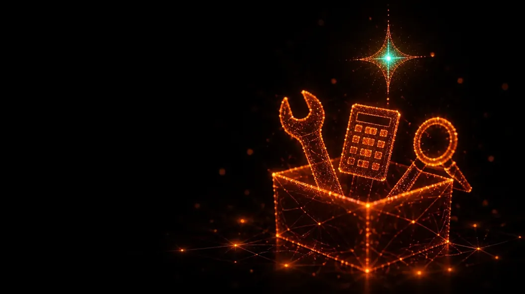 An open toolbox with a wrench, calculator and magnifying glass, drawn in glowing orange particles