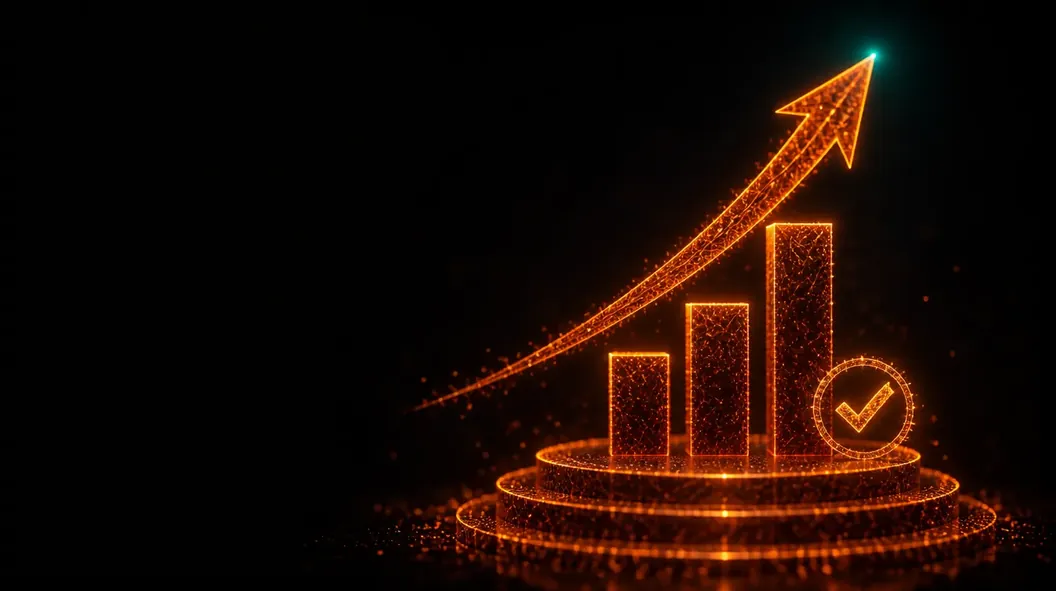 Three rising bars on a podium under an upward arrow, drawn in glowing orange particles