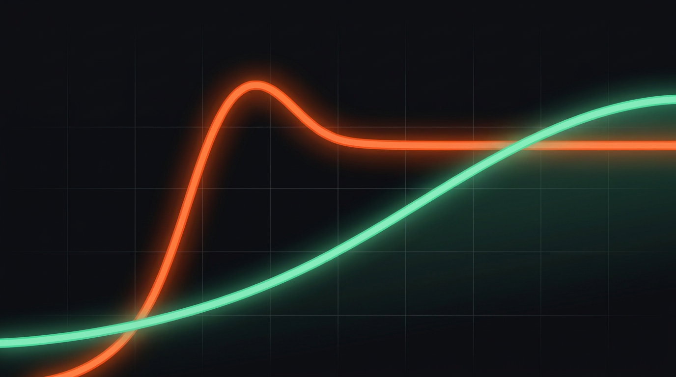 The flare-vs-accretion concept: a fast fleeting orange flare beside a slow-built ivory form, illustrating paid ads vs organic growth