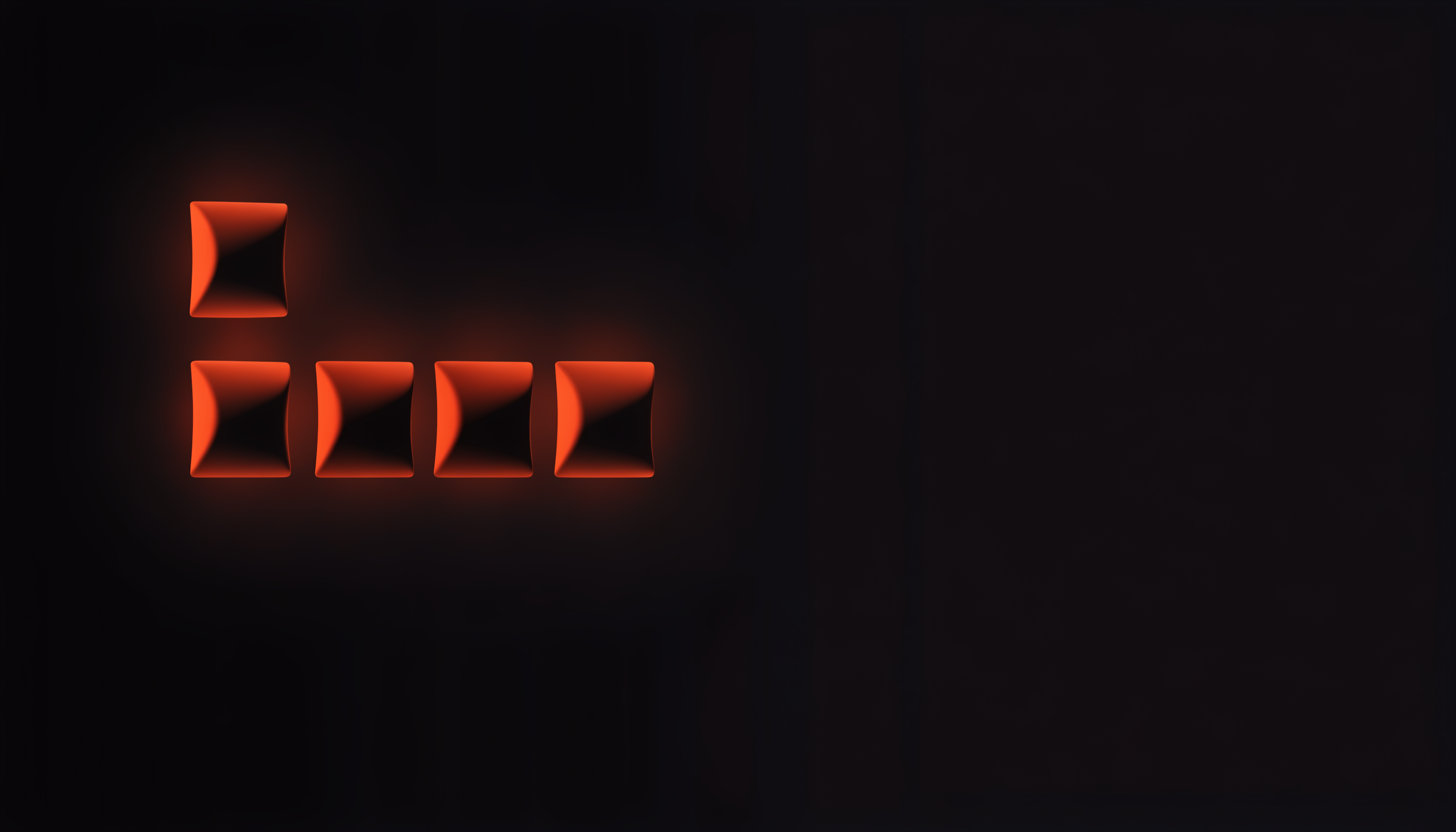 Five glowing Signal Orange tiles on a near-black field, one block set above a row of four, suggesting the small set of repetitive marketing tasks that AI agents handle well.