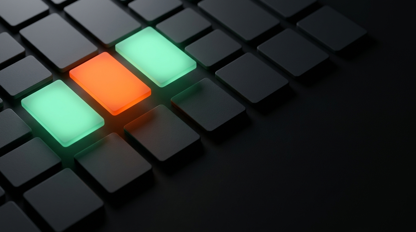 Service tiles on a dark background with a few highlighted in orange and mint, illustrating choosing the few marketing services you actually need