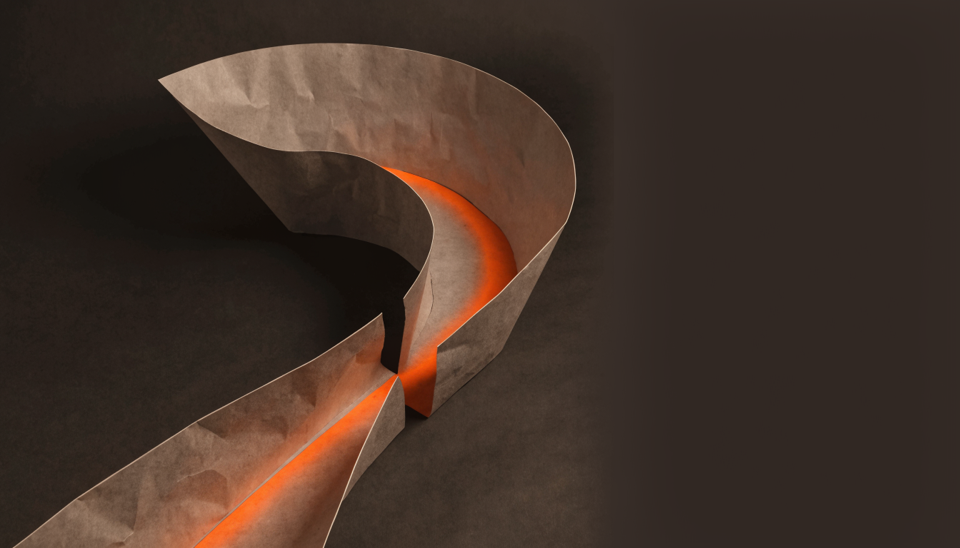 A twisting bronze ribbon on a dark background with a glowing orange seam running along its inner curve, illustrating how a marketing problem usually hides somewhere along the path, not at the top of the funnel.