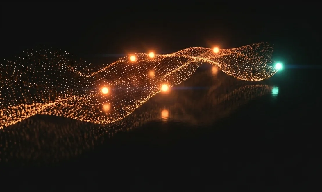 Particles forming a wave representing the signal HMM finds in marketing noise